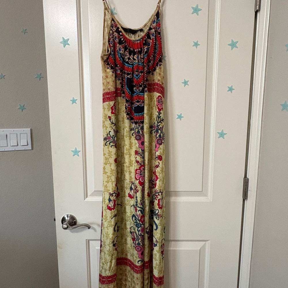 Red and Yellow Sleeveless Spaghetti Strap Sundress Maxi